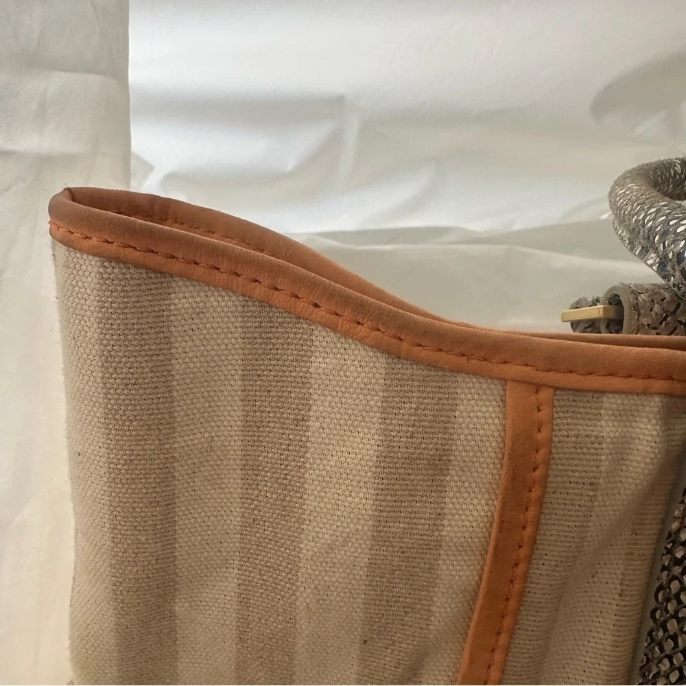 Treesje Beige Stripe Canvas Snakeskin Print Handbag Satchel Purse